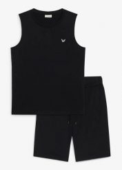 Tank top i bermudy (komplet 2-cz.). Czarne szorty męskie bonprix, bez wzorów, sportowe. Za 99.99 zł.