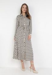 Beżowa Sukienka Bathiphaeia. Brązowe sukienki damskie Born2be, l, bez wzorów, z materiału, eleganckie, bez kołnierzyka, bez ramiączek, midi, koszulowe. W wyprzedaży za 143.99 zł.