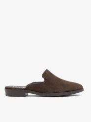 Ciemnobrązowe klapki mule ze skóry welurowej. Brązowe klapki damskie Ryłko, bez wzorów, ze skóry, bez obcasa, na obcasie. Za 299.99 zł.