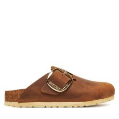 Klapki Birkenstock. Brązowe klapki damskie Birkenstock, bez wzorów, bez obcasa. Za 649.99 zł.