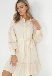 Beżowa Koszulowa Sukienka z Bufiastym Rękawem i Ażurowymi Wstawkami Staples. Brązowe sukienki damskie Born2be, l, w ażurowe wzory, vintage, bez kołnierzyka, bez ramiączek, koszulowe. Za 209.99 zł.