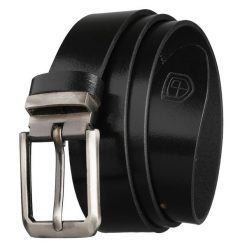 Elegancki pasek męski ze skóry naturalnej w czarnym kolorze ze srebrną, klasyczną klamrą - Peterson. Czarne paski męskie Peterson, bez wzorów, ze skóry, eleganckie. Za 49.99 zł.