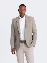 Męska elegancka marynarka z dekoracyjnymi guzikami na mankietach - beżowa V3 OM-BLZB-0114 - XL. Brązowe marynarki męskie Ombre Clothing, bez wzorów, z poliesteru. W wyprzedaży za 149.99 zł.