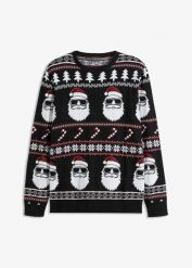Sweter w norweski wzór, z bawełny z recyklingu. Czarne swetry męskie bonprix, m, z aplikacjami, z bawełny, bez kołnierzyka. Za 109.99 zł.