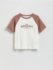 T-shirt z napisem - wielobarwny. Koszulki dziewczęce Reserved, bez wzorów, z bawełny, bez ramiączek. Za 39.99 zł.