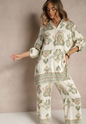 Zielony Komplet z Wiskozą Szerokie Spodnie i Bluzka w Stylu Boho Rinadora. Zielone spodnie materiałowe damskie Renee, bez wzorów, z wiskozy, boho. Za 89.99 zł.