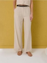 Spodnie wide leg z domieszką lnu - kremowy. Białe spodnie materiałowe damskie Sinsay, bez wzorów. Za 59.99 zł.