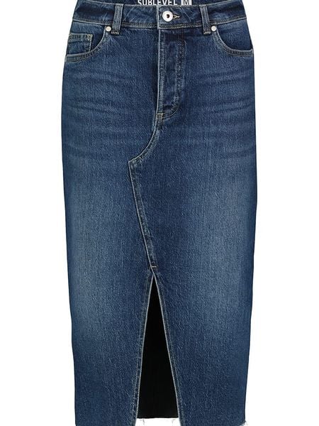Sublevel Spódnica dżinsowa w kolorze granatowym rozmiar: XS. Niebieskie spódniczki damskie Sublevel, xs, z aplikacjami, ze skóry, klasyczne, z podwyższonym stanem, midi, proste. Za 61.31 zł.