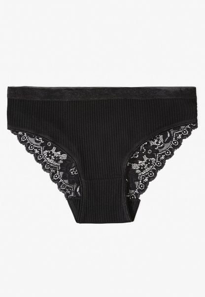 Czarne Bawełniane Majtki Figi z Prążkowanej Tkaniny z Koronką Erqelia. Czarne figi damskie Renee, l, bez wzorów, z bawełny. Za 7.99 zł.