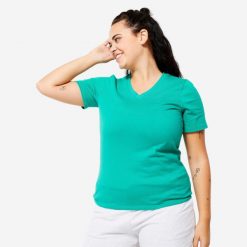 Koszulka z krótkim rękawem damska Domyos Gym & Pilates. Zielone bluzki damskie NYAMBA, s, bez wzorów, z bawełny, bez ramiączek. W wyprzedaży za 24.99 zł.