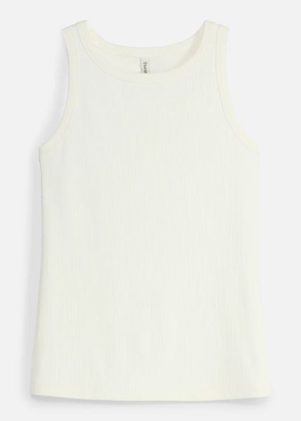 Tank top funkcyjny slim fit z prążkowanej dzianiny, szybkoschnący. Białe topy damskie bonprix, bez wzorów, z dzianiny, bez kołnierzyka. Za 37.99 zł.