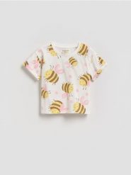 Bawełniany t-shirt we wzory - złamana biel. Koszulki dziewczęce Reserved, m, bez wzorów, z bawełny, bez ramiączek. Za 25.99 zł.