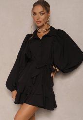 Czarna Rozkloszowana Sukienka z Falbanami i Paskiem Divanessa. Czarne sukienki damskie Renee, na co dzień, m, bez wzorów, z materiału, bez kołnierzyka, bez ramiączek, mini, proste. W wyprzedaży za 76.99 zł.
