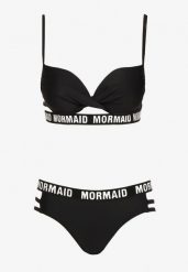 Czarne Bikini z Supełkiem na Biustonoszu z Ozdobnymi Paseczkami i Napisami Bibalia. Czarne bikini damskie Renee, bez wzorów. Za 49.99 zł.