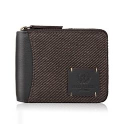 Portfel męski brązowy zapinany na zamek skóra naturalna i bawełniany canvas Paolo Peruzzi AY-07-BR. Brązowe portfele męskie Paolo Peruzzi, bez wzorów, z bawełny. Za 69.00 zł.