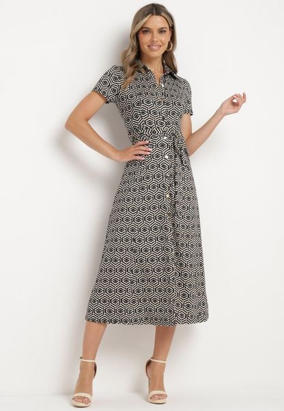 Czarna Sukienka Taliowana o Koszulowym Kroju Zapinana na Guziki o Geometrycznym Wzorze Parra. Czarne sukienki damskie Born2be, na co dzień, l, bez wzorów, eleganckie, bez kołnierzyka, bez ramiączek, midi, koszulowe. Za 169.99 zł.