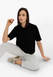 Bawełniany t-shirt, Comfort Fit, T-FLAME. Czarne t-shirty damskie Volcano, l, bez wzorów, z bawełny, bez kołnierzyka. Za 54.99 zł.