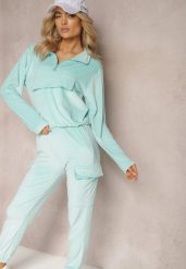 Jasnoniebieski Komplet Dresowy Welurowy z Kieszeniami z Klapami Bluza i Spodnie Amarillis. Niebieskie bluzy bez kaptura damskie Renee, m, z dresówki. Za 69.99 zł.