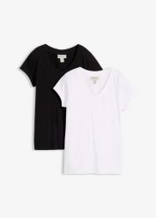 T-shirt z czystej bawełny organicznej (2 szt.). Czarne t-shirty damskie bonprix, bez wzorów, z bawełny, bez kołnierzyka. Za 64.99 zł.