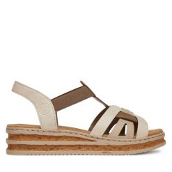 Sandały Rieker. Białe sandały damskie Rieker, bez wzorów, bez obcasa, na koturnie. Za 219.99 zł.