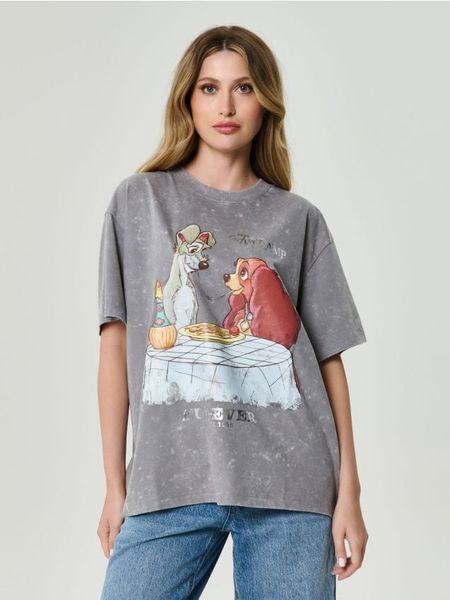 Bawełniana koszulka z krótkim rękawem Lady and the Tramp - szary. Szare t-shirty damskie Sinsay, l, bez wzorów, z bawełny, bez kołnierzyka. Za 39.99 zł.