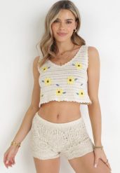 Beżowy Bawełniany Top z Haftowanymi Kwiatami Reilyn. Brązowe topy damskie Born2be, s, bez wzorów, z bawełny, bez kołnierzyka. Za 79.99 zł.