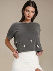 Bawełniana koszulka z efektem sprania i aplikacjami - szary. Szare t-shirty damskie Sinsay, l, z aplikacjami, z bawełny, bez kołnierzyka. Za 35.99 zł.