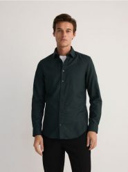 Koszula slim z bawełny egipskiej - ciemnozielony. Zielone koszule męskie Reserved, l, bez wzorów, z bawełny, bez kołnierzyka, bez ramiączek. Za 139.99 zł.
