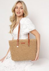 Ciemnobeżowa Torebka Shopper z Plecionki z Rączkami z Ekoskóry Buxara. Brązowe shopper bag damskie Born2be, bez wzorów, bez dodatków. Za 119.99 zł.
