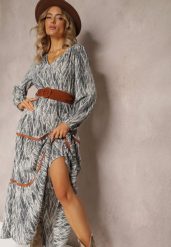 Szara Sukienka z Gumką w Pasie Nossi. Szare sukienki damskie Renee, l, bez wzorów, z materiału, boho, bez kołnierzyka, bez ramiączek, maxi. W wyprzedaży za 104.99 zł.