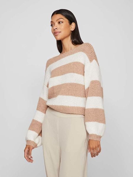 Vila Sweter w kolorze jasnobrązowo-białym rozmiar: M. Białe swetry klasyczne damskie Vila, m, z wełny, bez kołnierzyka. Za 52.17 zł.