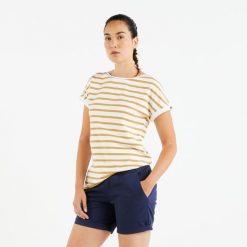 Koszulka marynarska żeglarska damska Tribord Sailing 100 krótki rękaw. Zielone bluzki damskie TRIBORD, xl, bez wzorów, z bawełny, sportowe, bez kołnierzyka, bez ramiączek. Za 79.99 zł.