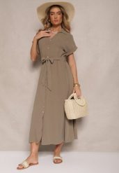 Zielona Bawełniana Sukienka Koszulowa z Wiązanym Paskiem i Krótkim Rękawem Elannoria. Zielone sukienki damskie Renee, na co dzień, m, bez wzorów, z bawełny, eleganckie, bez kołnierzyka, bez ramiączek, maxi, koszulowe. Za 159.99 zł.