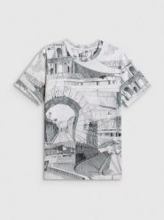 4F T-shirt regular z nadrukiem męski - czarno-biały S. Białe t-shirty męskie 4f, m, bez wzorów, z materiału, bez kołnierzyka. Za 99.99 zł.