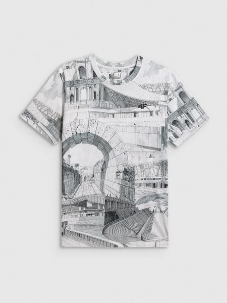 4F T-shirt regular z nadrukiem męski - czarno-biały S. Białe t-shirty męskie 4f, m, bez wzorów, z materiału, bez kołnierzyka. Za 99.99 zł.