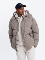 Mocno ocieplana męska kurtka typu puffer w pepitkę – brązowa V1 - Rozmiar: XL. Brązowe kurtki męskie Ombre Clothing, m, z aplikacjami, z materiału, bez kaptura. W wyprzedaży za 199.99 zł.