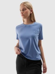 4F T-shirt regular gładki damski - niebieski XS. Niebieskie t-shirty damskie 4f, xs, bez wzorów, z bawełny, bez kołnierzyka. W wyprzedaży za 29.99 zł.
