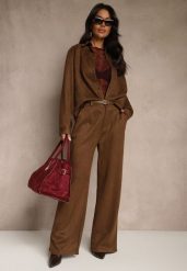 Brązowy Komplet Koszula i Spodnie Wide Leg z Paskiem ze Sprzączką Ralindea. Brązowe koszule damskie Renee, bez wzorów, z jeansu. Za 229.99 zł.