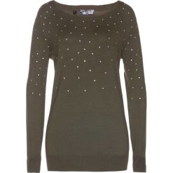 Długi sweter z połyskującymi kamieniami. Czarne swetry klasyczne damskie bonprix, z materiału, bez kołnierzyka. Za 119.99 zł.
