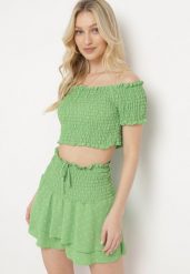 Zielony Komplet Top w Stylu Hiszpanki i Spódnico-Szorty z Gumką Quillatta. Zielone szorty damskie Born2be, z aplikacjami. Za 64.99 zł.