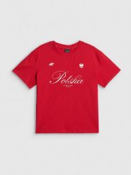 4F Koszulka kibica damska - czerwona L. Czerwone bluzki sportowe damskie 4f, l, z bawełny, bez kołnierzyka, bez ramiączek. Za 59.99 zł.