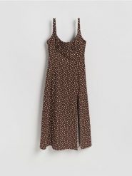 Sukienka w grochy - ciemnobrązowy. Brązowe sukienki damskie Reserved, l, bez wzorów, z tkaniny, klasyczne, bez kołnierzyka, bez ramiączek. Za 159.99 zł.