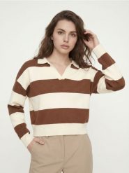 Sweter w poziome pasy, z wiskozą - brązowy. Brązowe swetry klasyczne damskie Sinsay, l, z wiskozy, bez kołnierzyka. Za 59.99 zł.
