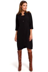Czarna Elegancka Sukienka Żakietowa z Pagonami. Czarne sukienki damskie MOE, l, bez wzorów, z elastanu, eleganckie, bez kołnierzyka, bez ramiączek. Za 293.90 zł.