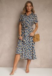 Niebieska Koszulowa Sukienka z Wiskozy Ozdobiona Geometrycznym Motywem Ralomia. Niebieskie sukienki damskie Renee, na co dzień, m, bez wzorów, z wiskozy, eleganckie, bez kołnierzyka, bez ramiączek, maxi, koszulowe. W wyprzedaży za 59.49 zł.