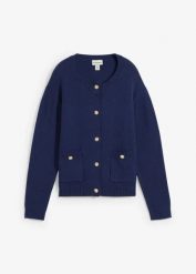 Sweter rozpinany z kieszeniami. Niebieskie kardigany damskie bonprix, bez wzorów. Za 77.99 zł.