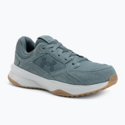 Buty treningowe meskie Under Armour Edge Suede jasper blue/halo gray/jasper blue. Niebieskie buty fitness męskie Under Armour, na fitness i siłownię. Za 309.99 zł.