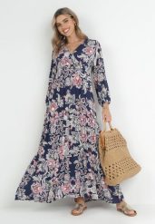 Granatowa Rozkloszowana Sukienka Oversize w Kwiaty Kylia. Niebieskie sukienki damskie Born2be, l, bez wzorów, bez kołnierzyka, bez ramiączek, maxi, oversize. W wyprzedaży za 71.99 zł.