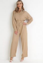 Beżowy Kombinezon z Paskiem Phynne. Brązowe kombinezony damskie Born2be, m, bez wzorów, z materiału, eleganckie, bez kołnierzyka, bez ramiączek. Za 259.99 zł.