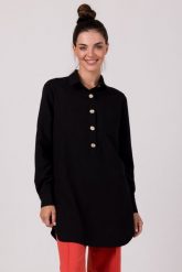 Nowoczesna Koszulowa Tunika - Czarna. Czarne tuniki damskie MOE, l, bez wzorów, z materiału, bez kołnierzyka, bez ramiączek. Za 296.90 zł.